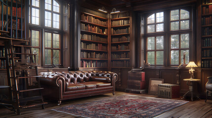 A bookcase with leather-bound volumes of classic literature, history, and philosophy in a library with a ladder and a reading nook - obrazy, fototapety, plakaty