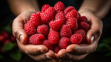 Organic fresh raspberry fruit, Holding fresh organic raspberry in worker's hands, close up raspberry, fruit product