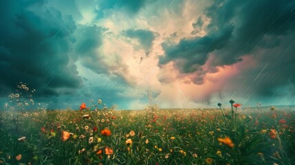 thunderstorm hit in the beautiful meadow - obrazy, fototapety, plakaty