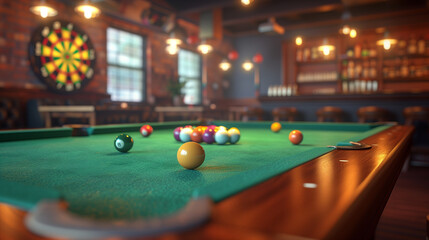 A pool table with green felt and a set of colorful balls in a game room with a dart board and a bar