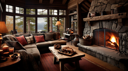 A cabin retreat with a sectional sofa set in earthy tones, surrounded by wooden logs, a stone fireplace, and cozy plaid blankets. - obrazy, fototapety, plakaty