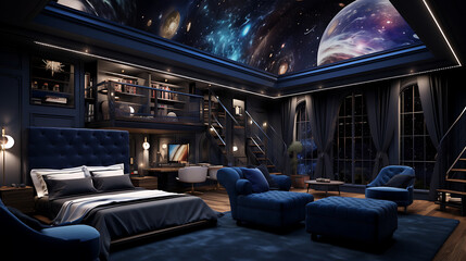 A celestial-themed bedroom with a galaxy-print sofa set, starry night ceiling, and cosmic decor for a dreamy atmosphere.