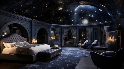 A celestial-themed bedroom with a galaxy-print sofa set, starry night ceiling, and cosmic decor for a dreamy atmosphere. - obrazy, fototapety, plakaty