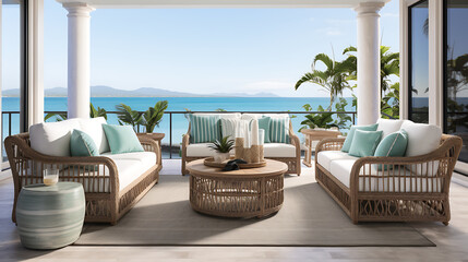 A coastal chic patio with a rattan sofa set, turquoise accents, and views of the ocean for a relaxing outdoor retreat.