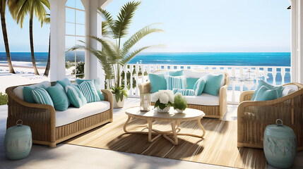 A coastal chic patio with a rattan sofa set, turquoise accents, and views of the ocean for a...