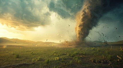 panoramic view of tornado, the natural disaster hit in an open area