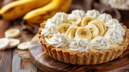 Banana cream pie on wooden table