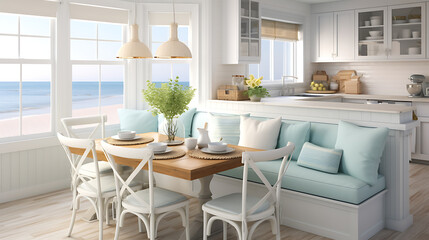 A coastal cottage kitchen with a breakfast nook sofa set, pastel colors, and beach-themed decor.