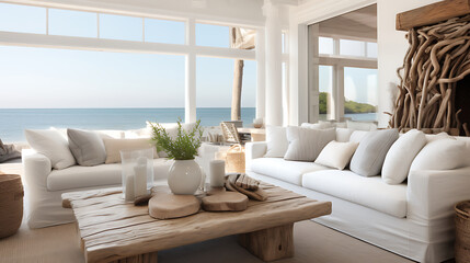 A coastal living room with a white slipcovered sofa set, driftwood accents, and panoramic windows overlooking the ocean.