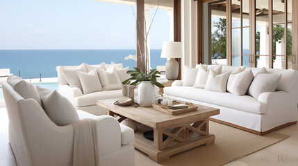 A coastal living room with a white slipcovered sofa set, driftwood accents, and panoramic windows overlooking the ocean.