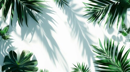 Fototapeta na wymiar Tropical leaves as border on white background with shadows. Flat lay, top view. Copy space.