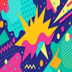 Vibrant Abstract Pop Art Color Paint Splash Pattern Background with Geometric Design Inspired by Trendy Memphis Style of the 80s-90s. Perfect for Wallpaper, Background, and Graphic Design Projects
