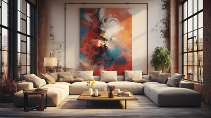 A contemporary loft space with a modular sofa set, abstract art, and a mix of industrial and modern decor. - Powered by Adobe