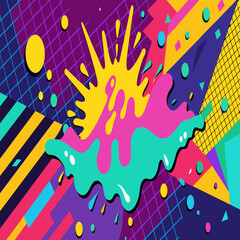 Fototapeta premium Vibrant Abstract Pop Art Color Paint Splash Pattern Background with Geometric Design Inspired by Trendy Memphis Style of the 80s-90s. Perfect for Wallpaper, Background, and Graphic Design Projects
