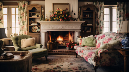 A cottage-style den with a floral print sofa set, lace curtains, and a vintage fireplace for a charming and cozy ambiance. - obrazy, fototapety, plakaty