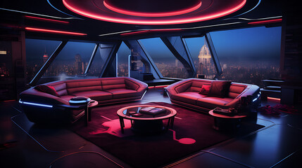 A futuristic gaming room with a gaming sofa set, neon lighting, and immersive virtual reality...