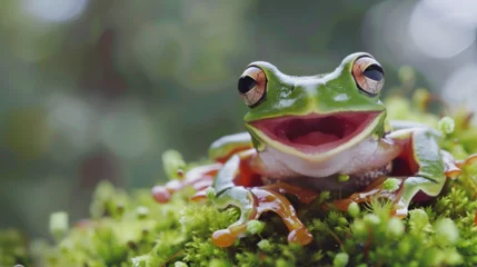 Afwasbaar fotobehang a close-up of a frogs mouth plagued by stomatitis, Dumpy frog "litoria caerulea" shadding on branch, Dumpy frog "litoria caerulea" look like laughing on branch  © Muhammad