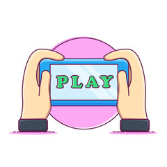 Play game on smartphone concept cartoon vector illustration. Hand holding smartphone and playing games icon on white background