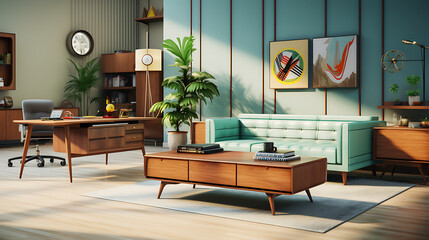 A mid-century modern office with a stylish sofa set, retro desk, and vintage-inspired decor for a...
