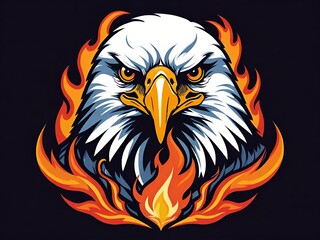 Cartoon illustration of an eagle head surrounded by flames against a dark background.