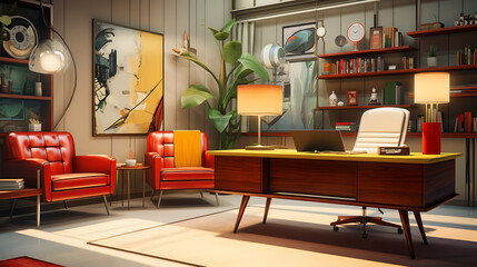 A mid-century modern office with a stylish sofa set, retro desk, and vintage-inspired decor for a creative workspace.