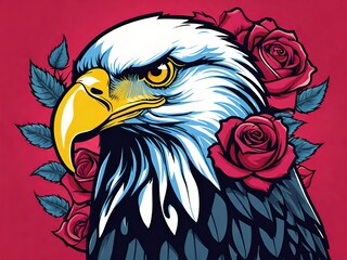 Fototapeta premium Illustration of an eagle’s head against a red background. Surrounding the eagle are several large roses in full bloom. Generative AI.