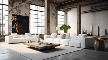 A minimalist white sofa set with clean lines, positioned in a contemporary loft space with industrial elements and open-concept design.