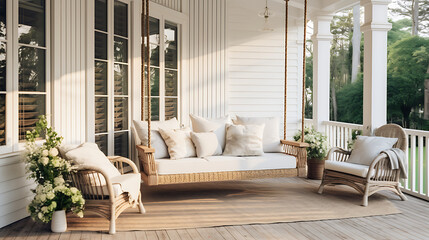 A modern farmhouse porch with a wicker sofa set, hanging swing, and string lights for a relaxed outdoor space. - obrazy, fototapety, plakaty