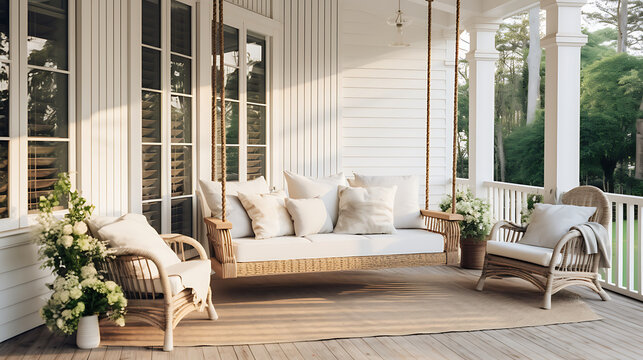 A modern farmhouse porch with a wicker sofa set, hanging swing, and string lights for a relaxed outdoor space.