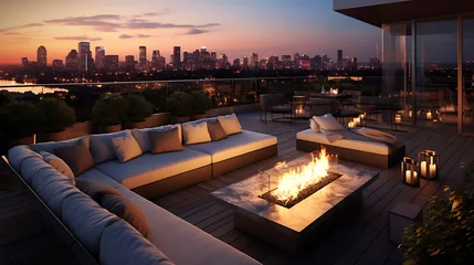 Fototapeten A modern urban rooftop with a sectional sofa set, fire pit, and panoramic views of the city skyline. © Muhammad