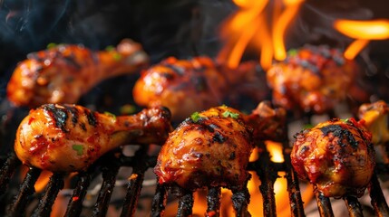 Roasted seasoned juicy chicken drumsticks over flame on a barbecue grill. AI Generated  - obrazy, fototapety, plakaty