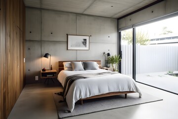 Fototapeta na wymiar A comfy king size bed is positioned in the corner of the master bedroom, which has white timber walls and a concrete floor. fake wall