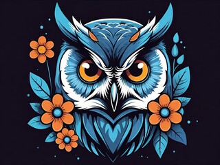 Illustration of an owl with captivating yellow eyes, adorned with orange flowers against a dark background. The owl’s blue and white feathers add an artistic touch. Generative AI.