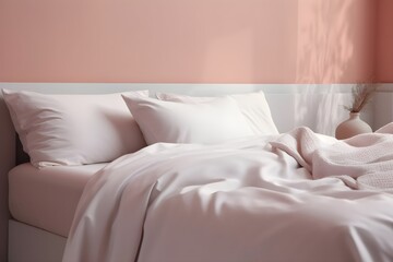 a close up shot of a mockup bed in white with a pastel mauve backdrop, a white pillow cover, a white bed sheet, and a white blanket