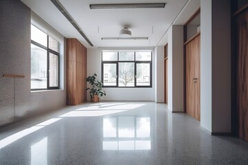 Interior design for an empty room in a business setting. The room is open and has terrazzo tiles on the floor, white walls, and a wooden door