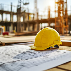 Yellow safety helmet on architectural blueprints with active construction site in the background.