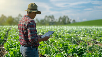 A farmer is checking his crops with a digital tablet amidst a lush field, showcasing modern agricultural technology.