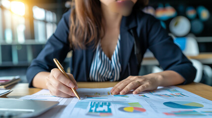 Close-up of a businesswoman analyzing financial data charts and graphs on a desk in a corporate office setting.