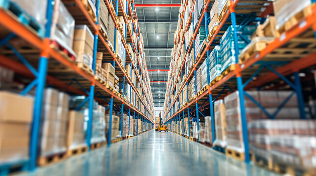 Spacious industrial warehouse with high shelves stocked with goods and a forklift in the aisle.
