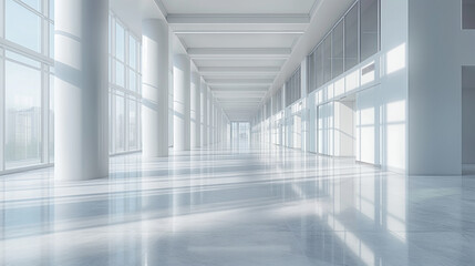 Spacious and bright corporate lobby featuring floor-to-ceiling windows and reflective marble floors, conveying a sleek modern atmosphere.
