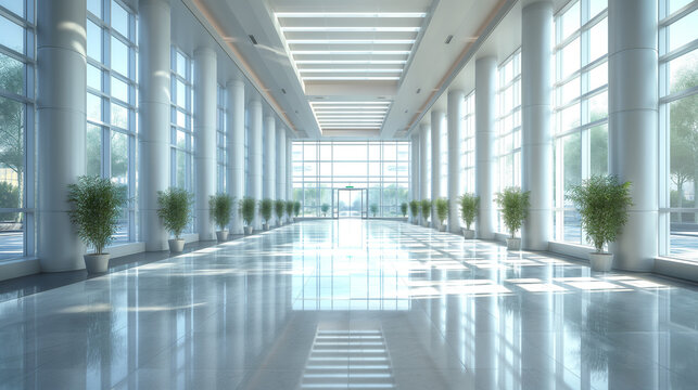 Spacious and bright corporate lobby featuring floor-to-ceiling windows and reflective marble floors, conveying a sleek modern atmosphere.