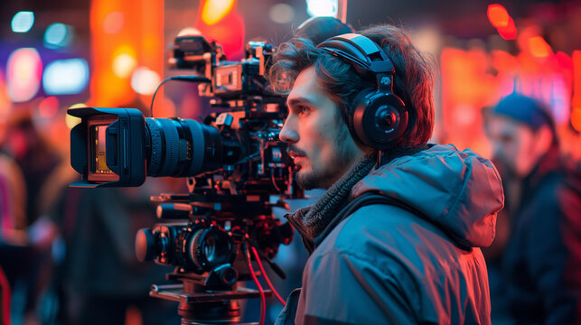 Cinematographer in action, capturing footage with high-end camera gear on a bustling film set at night.