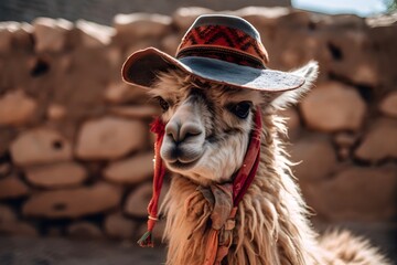 disguised llama, llama with hat, llama in Peru