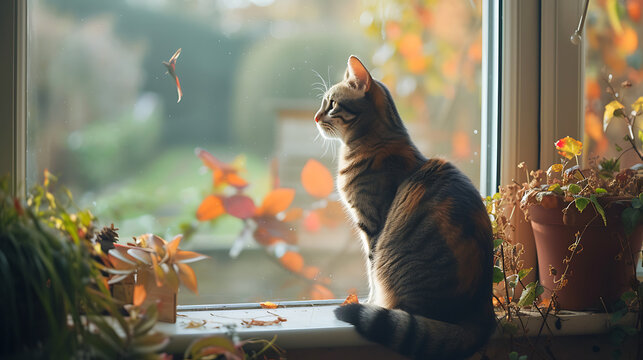Um gato observando pássaros da janela enquanto uma raposa o observa em uma cena de tranquilidade e convivência pacífica