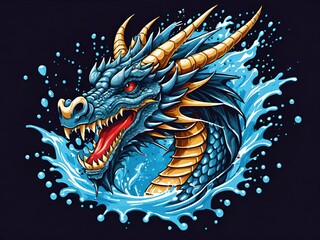 Illustration of a blue dragon with golden horns and red eyes, emerging from a splash of water against a dark backdrop. Generative AI.