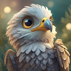 Adorable retrato de un águila pequeña de ojos grandes y hermoso plumaje - obrazy, fototapety, plakaty