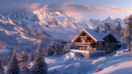 A chalet with a snow-covered roof and a ski slope in the background. - obrazy, fototapety, plakaty