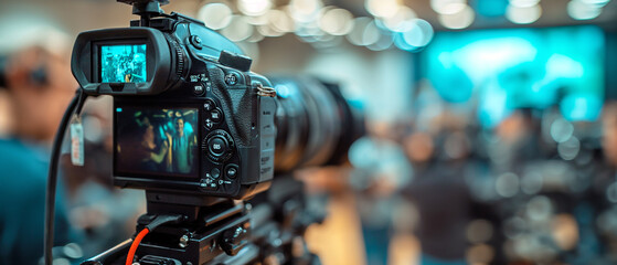 Close-up of a professional video camera in focus, capturing a live event with blurred audience in the background.