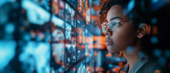 A focused technology expert analyzing complex data visualizations across several monitors in a high-tech environment.