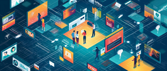 An isometric illustration of a digital trade show with people interacting with virtual displays and information technology exhibits.